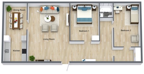 Floor plan for 2 beds, 1 bath, 863 sqft